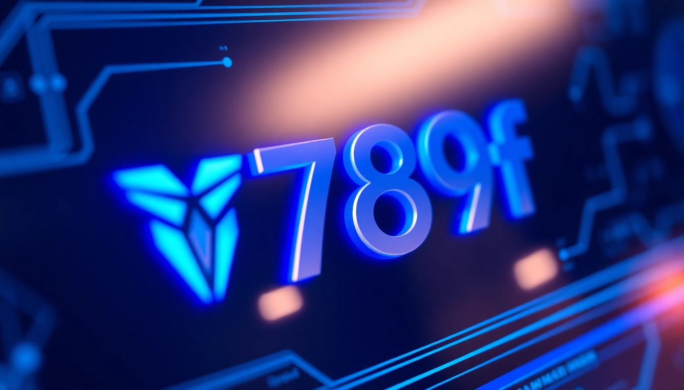 789f branding displayed on a high-tech digital screen with vibrant blue glow, highlighting modernity and innovation for users and clients.