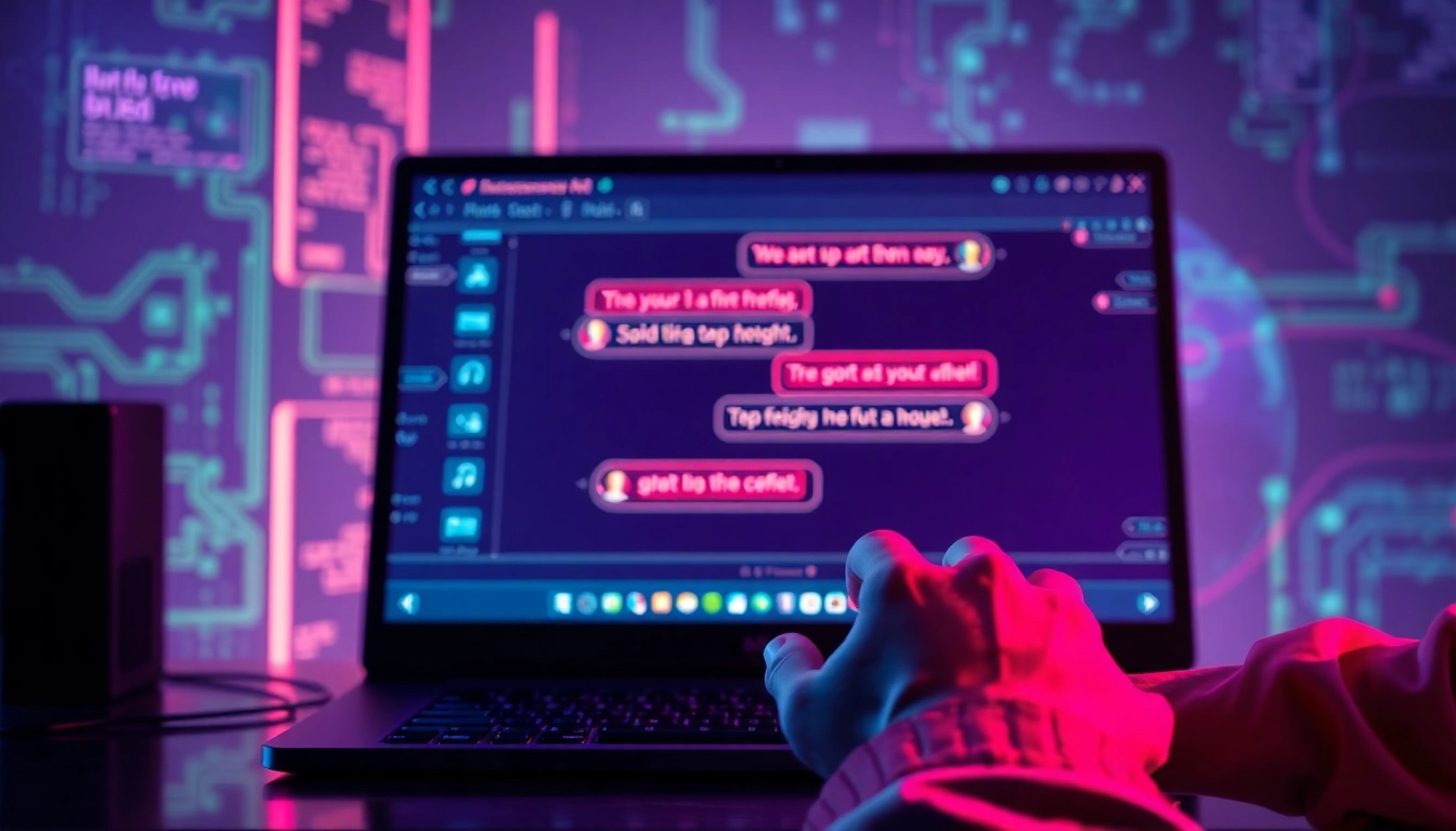 Close-up of a computer screen showing an AI chat interface with suggestive conversation bubbles in a neon-lit, futuristic setting.