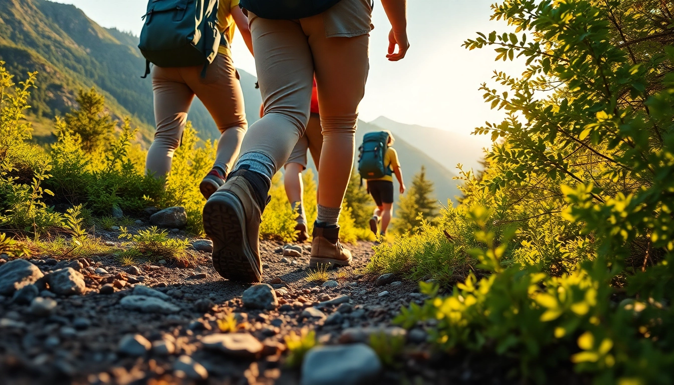 Hiking in lush mountains, hikers enjoying outdoor adventure amidst natural scenery