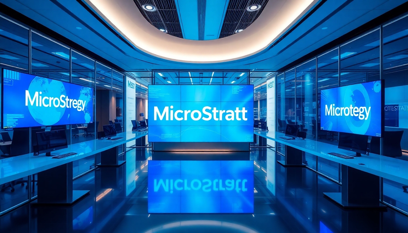 MicroStrategy executive analyzing data dashboards on large screens in a modern office setting,