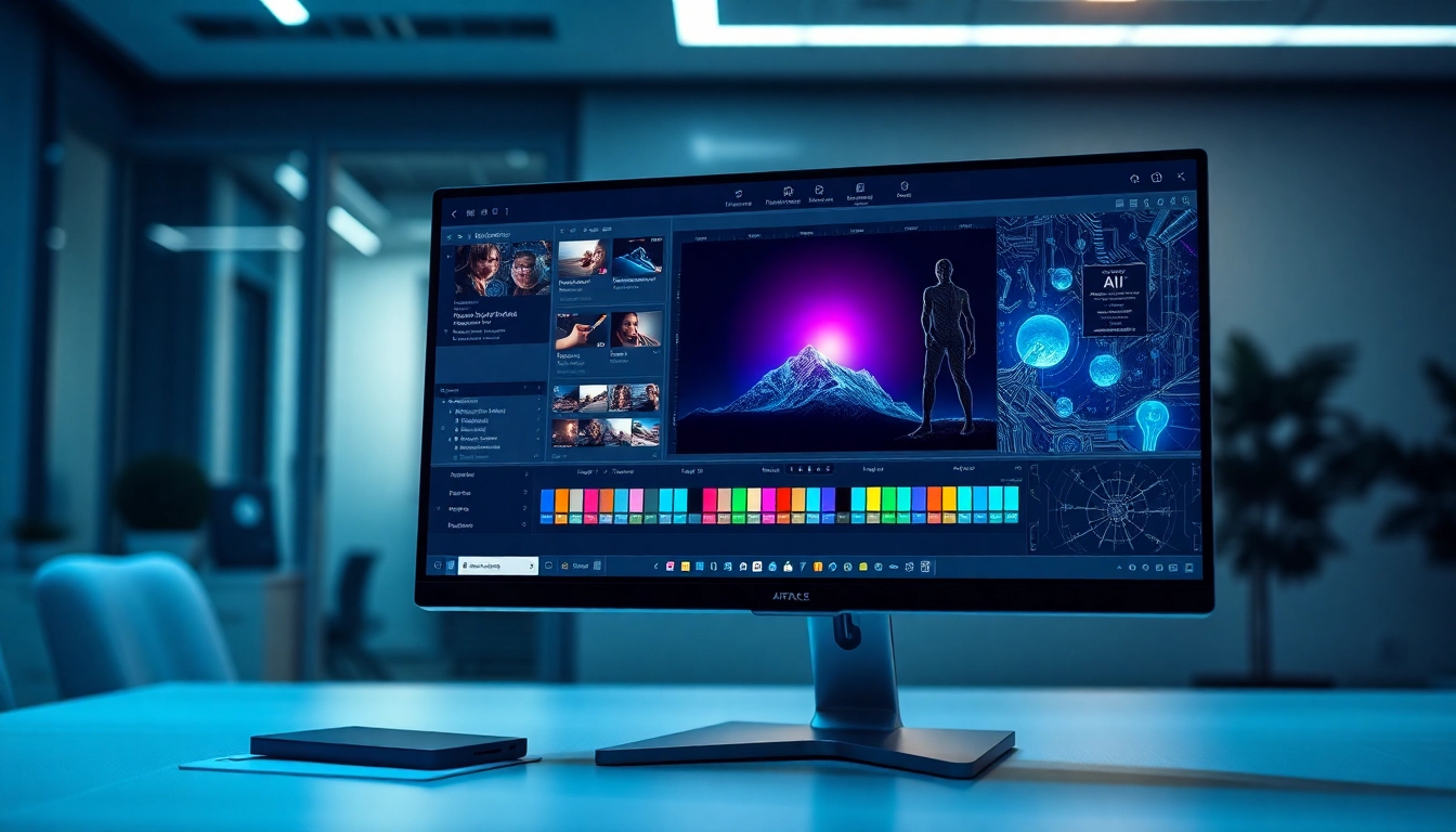 A modern workspace showing an AI image editing interface on a computer monitor with advanced tools and vibrant visuals.