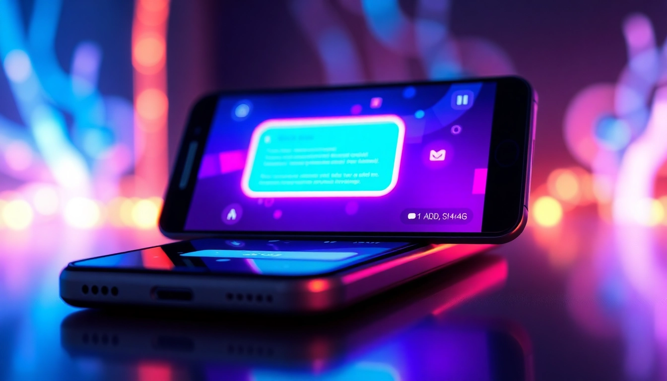 Close-up of a futuristic AI chat interface on a smartphone with neon lights and cyberpunk aesthetic.