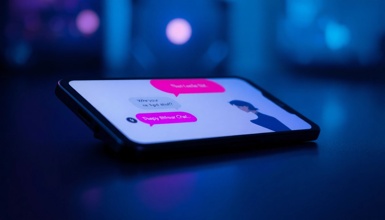 A close-up of a modern device screen showing a flirtatious AI chat conversation in a moody, colorful setting.