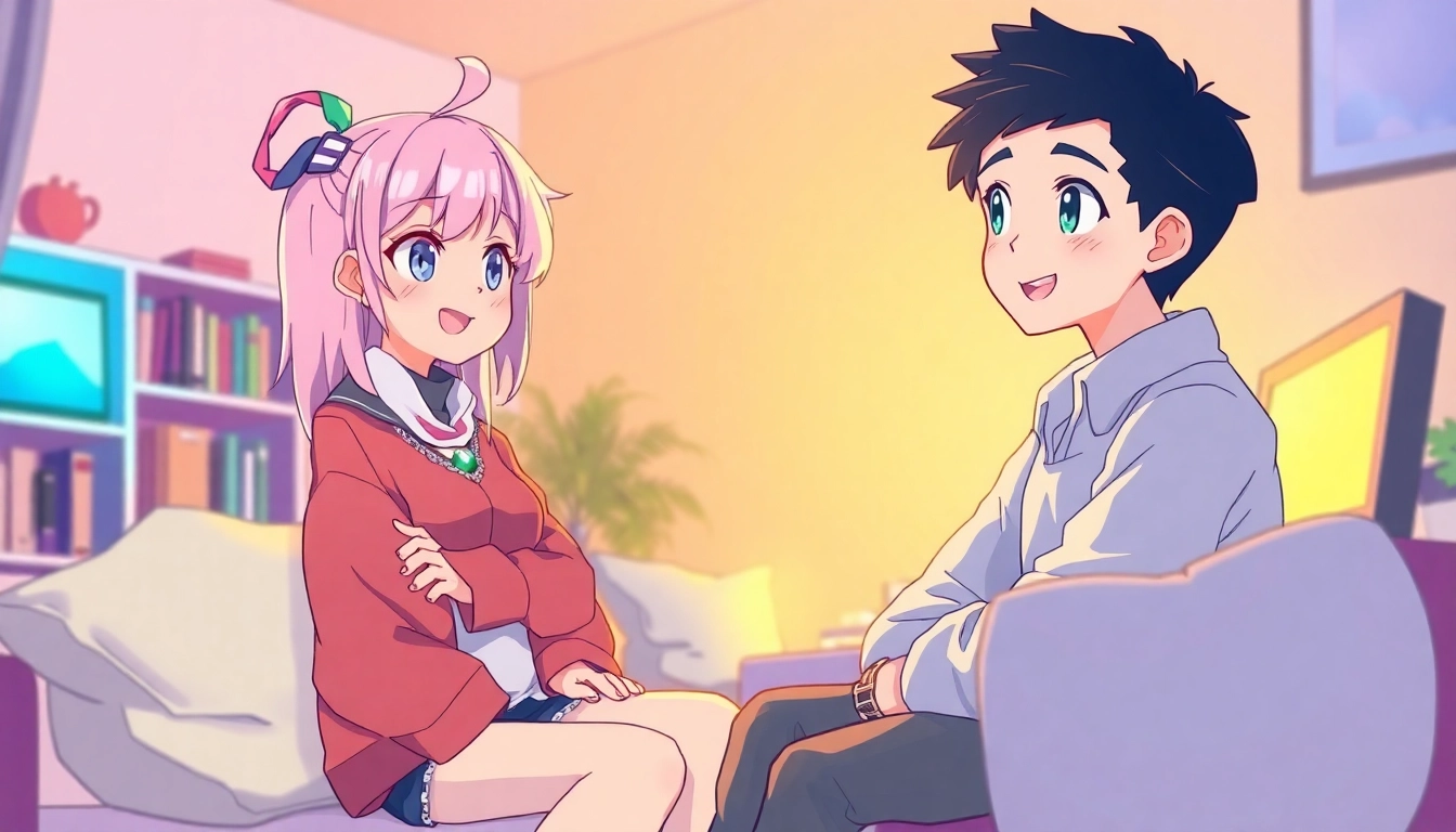Anime-style illustration of two characters chatting in a cozy, brightly lit room with warm tones and inviting atmosphere.