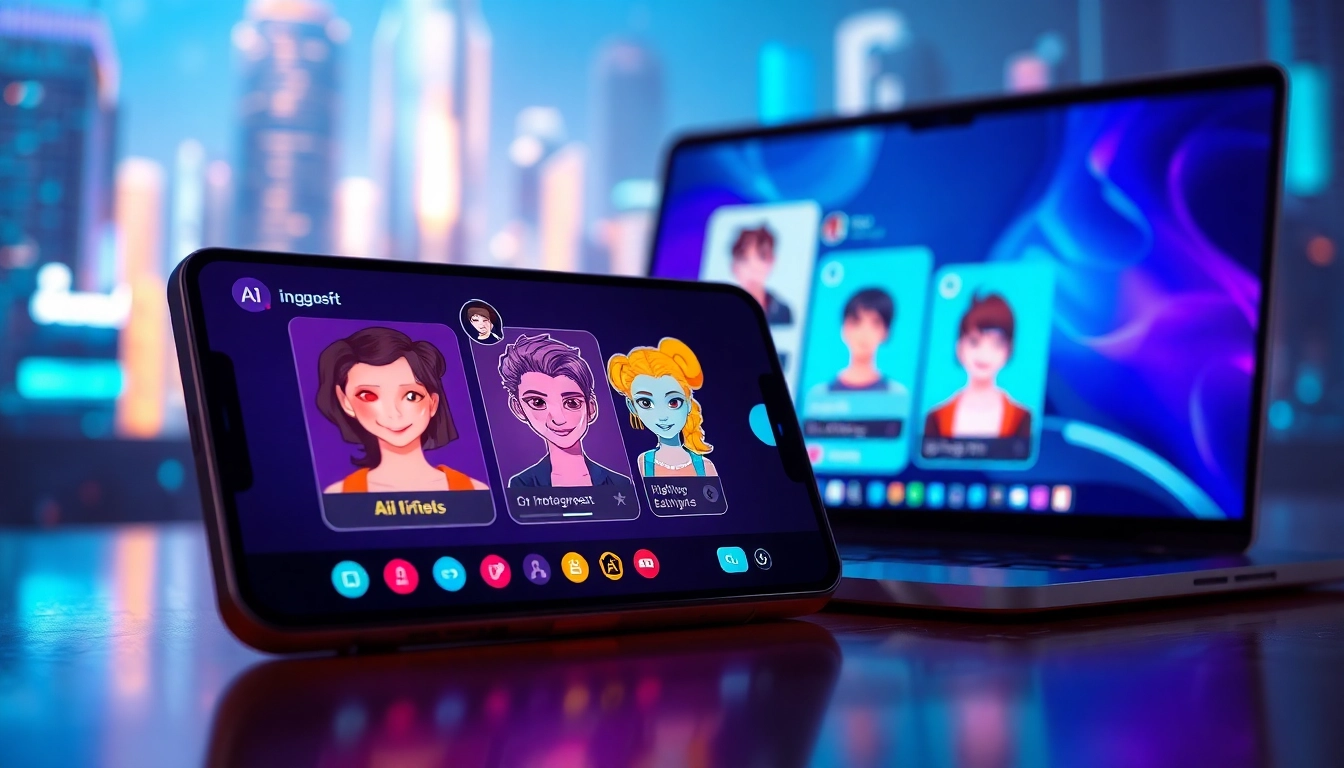 Close-up of a smartphone and laptop screen displaying colorful AI chat profiles against a futuristic city background
