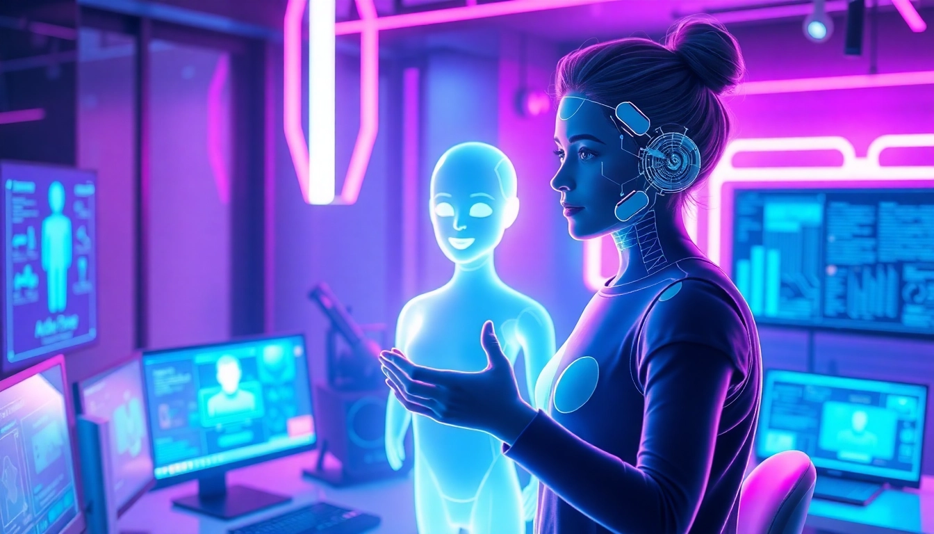 Futuristic scene of a person interacting with a luminous AI girlfriend avatar in a high-tech digital environment.