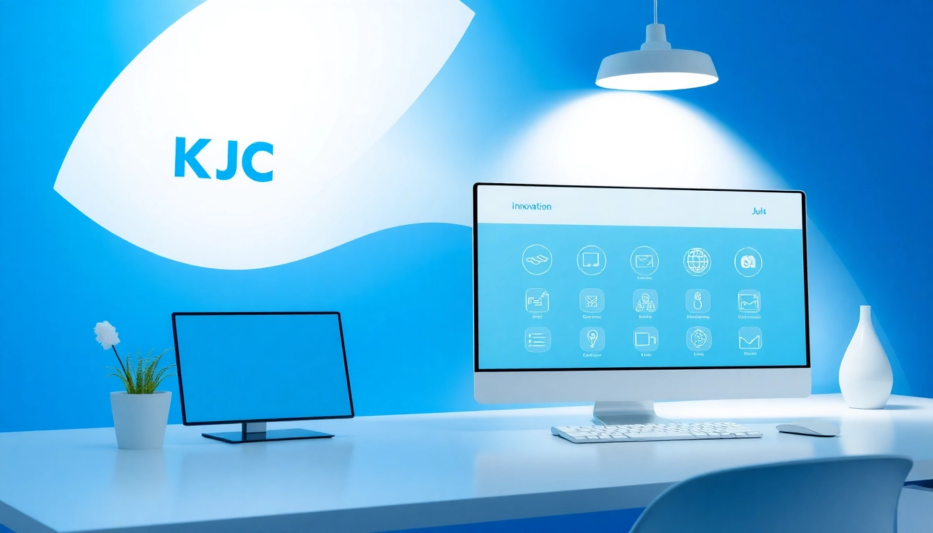 KJC logo integrated into a dynamic digital platform emphasizing innovation and connectivity, showcasing modern technology and user engagement.