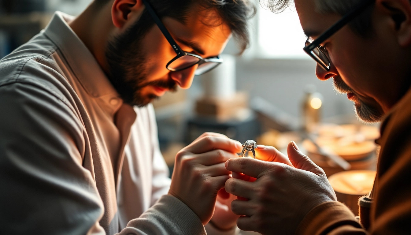 Engagement ring production process with skilled craftsmen shaping and polishing rings for