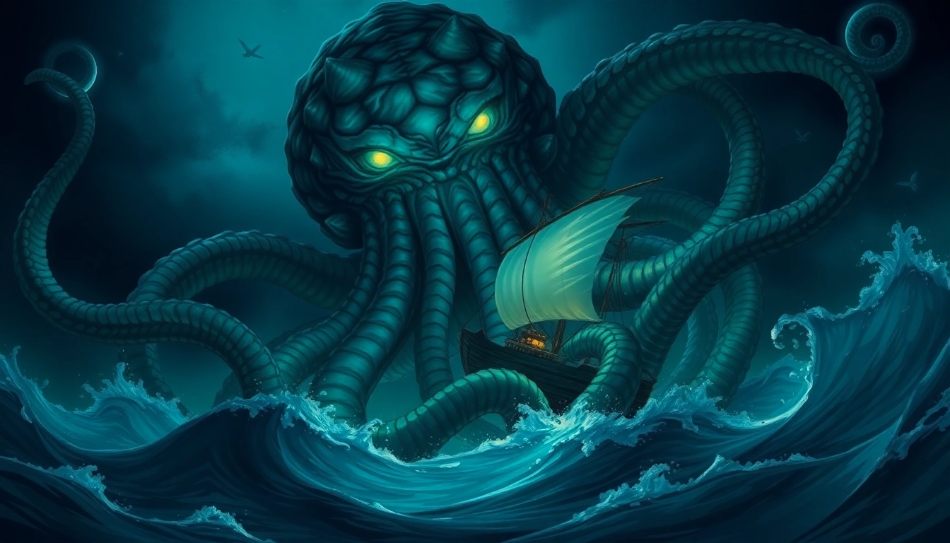 Ancient maritime scene depicting the legendary kraken attacking a ship beneath dark stormy