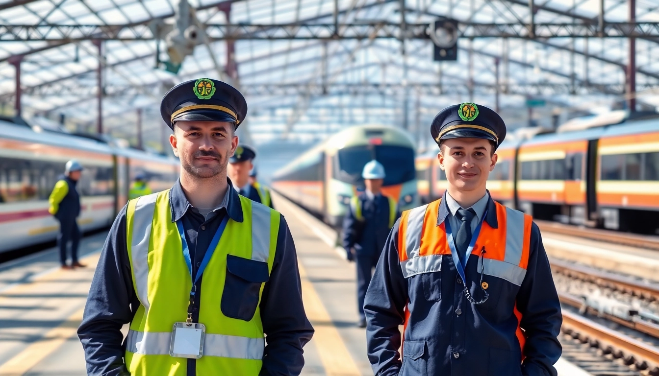Railway Jobs recruitment board with workers in uniform and train station background,