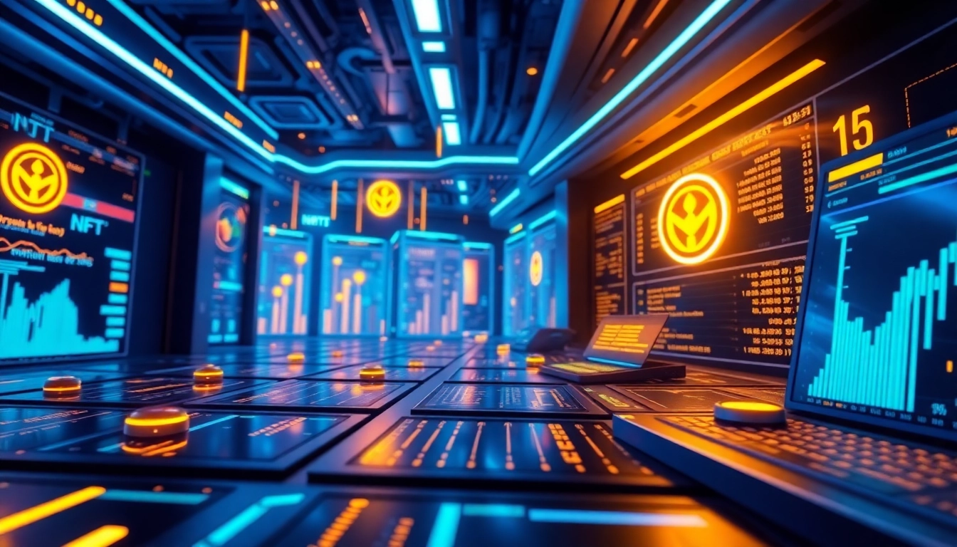 NFT Market Update showcasing digital tokens on a blockchain interface with vibrant neon visuals