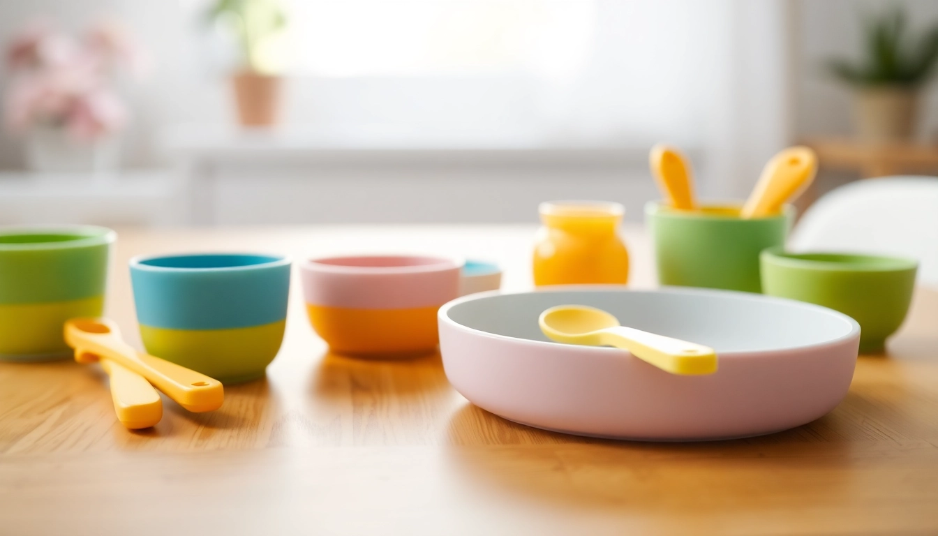 High-quality safe silicone baby tableware set in vibrant colors being used in a bright nursery