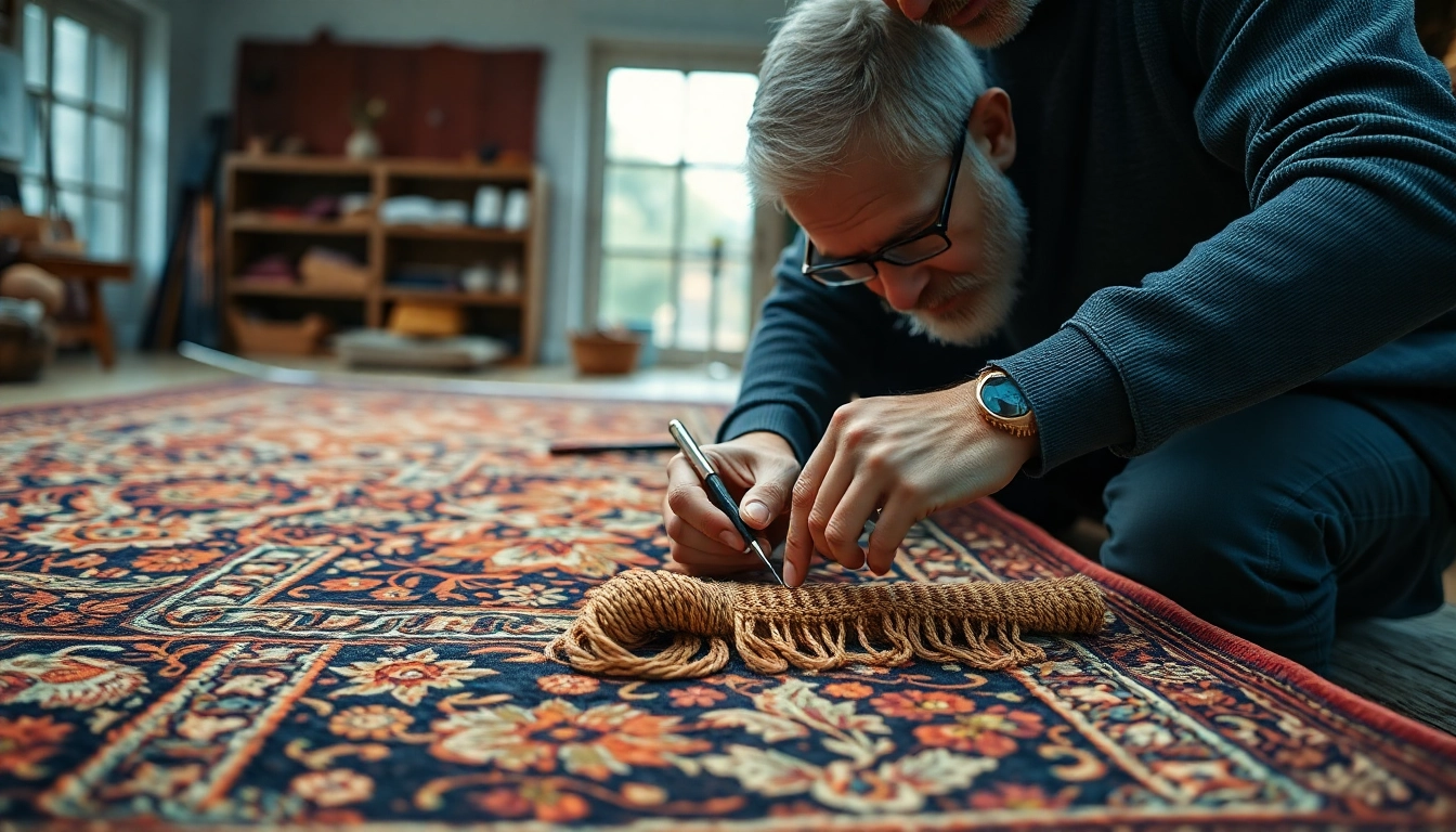 Expert restoring a rug for Restauro Tappeti milano highlighting detailed craftsmanship and