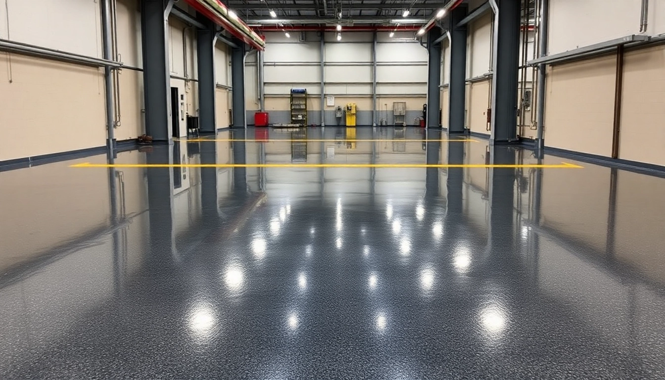 Professional epoxy resin floor surface with high gloss and textured finish, showcasing